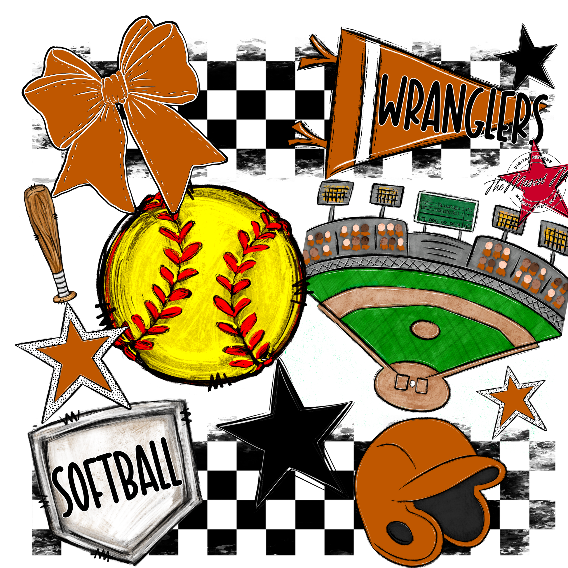 Wranglers Checkers Softball Spirit Design-Burnt Orange