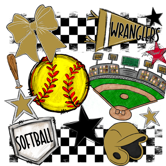 Wranglers Checkers Softball Spirit Design-Gold