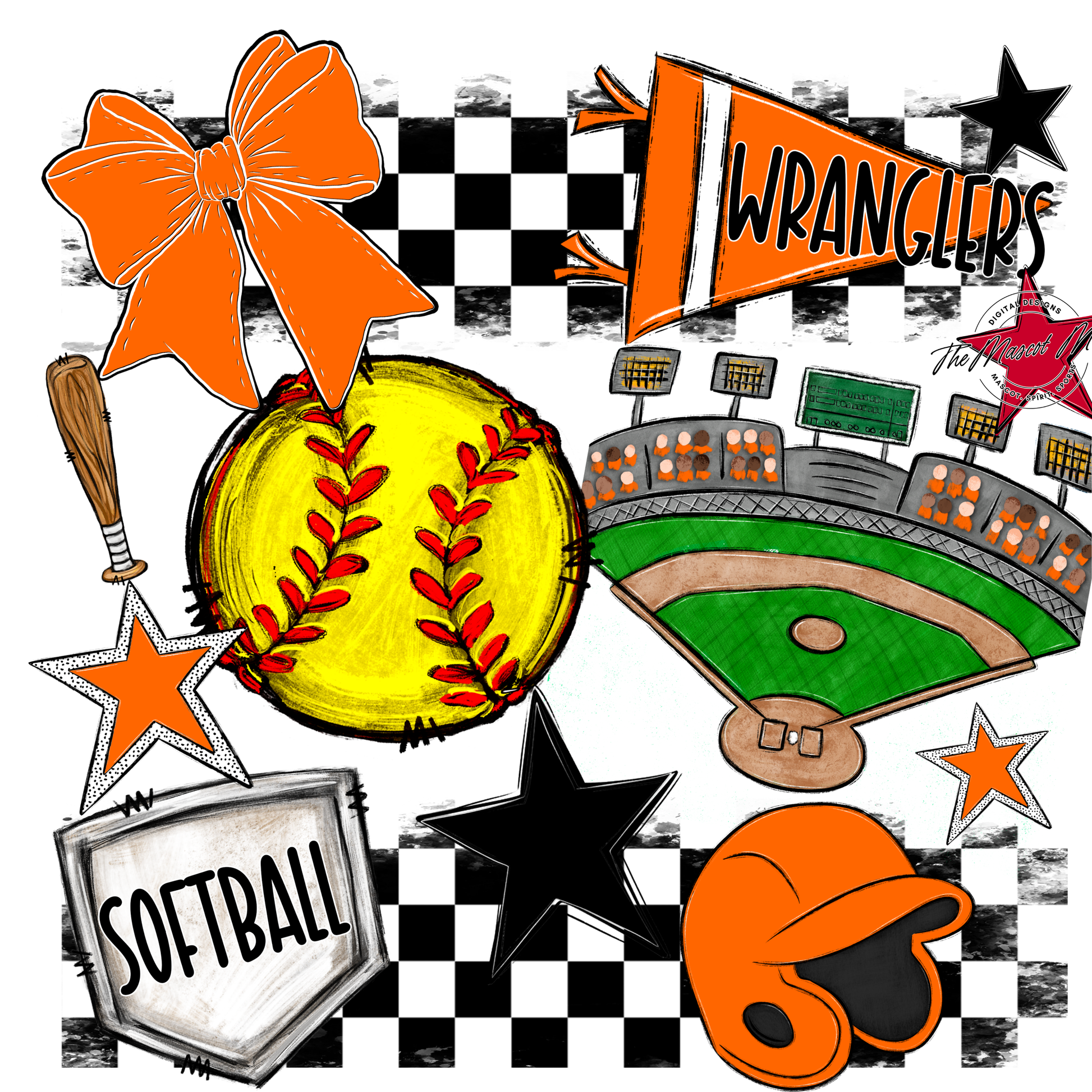 Wranglers Checkers Softball Spirit Design-Orange