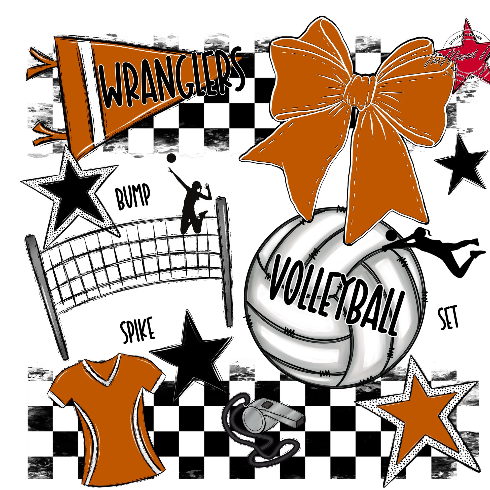 Wranglers Checkers Volleyball Spirit Design-Burnt Orange
