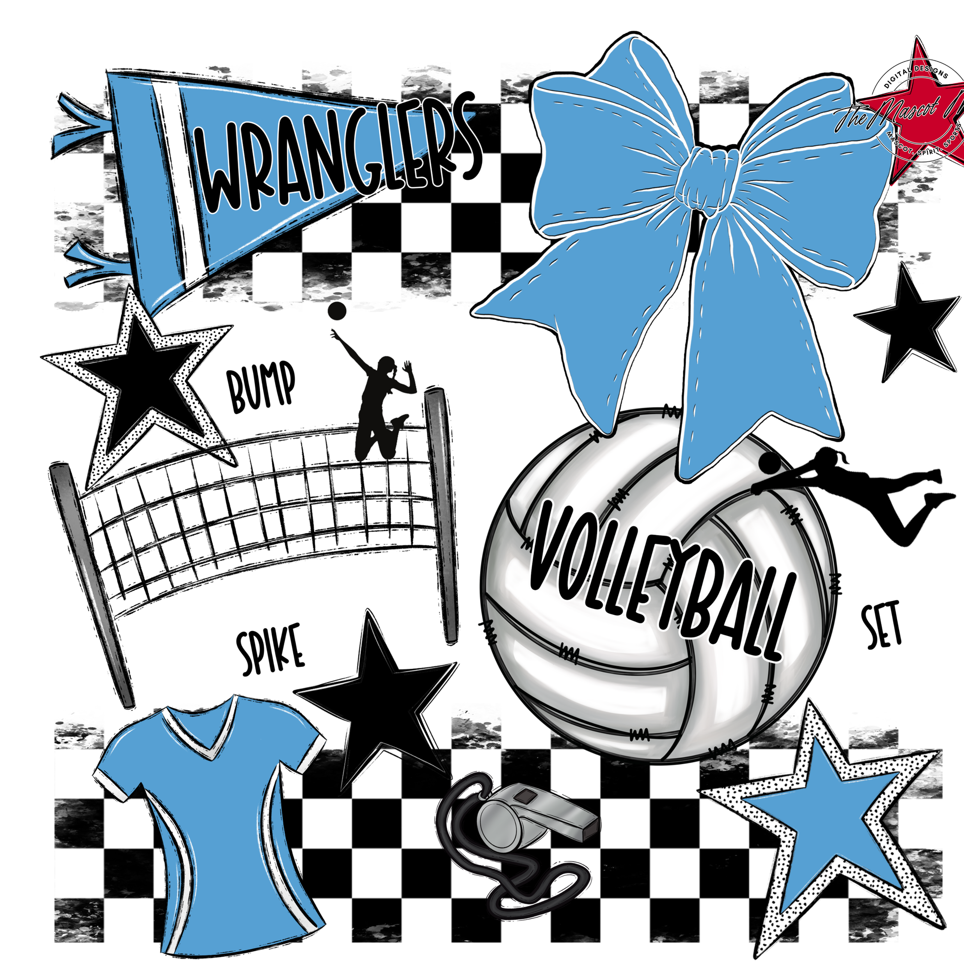 Wranglers Checkers Volleyball Spirit Design-Carolina Blue