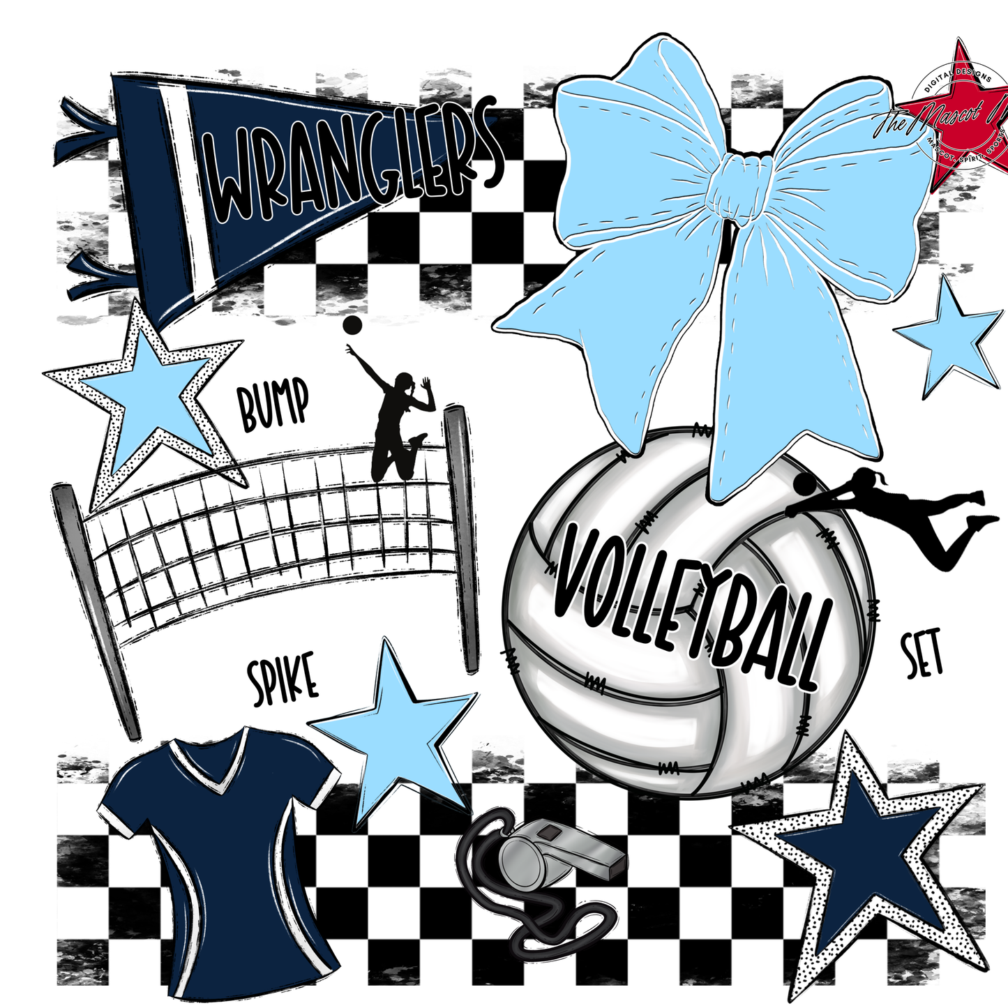Wranglers Checkers Volleyball Spirit Design-Navy-Columbia Blue