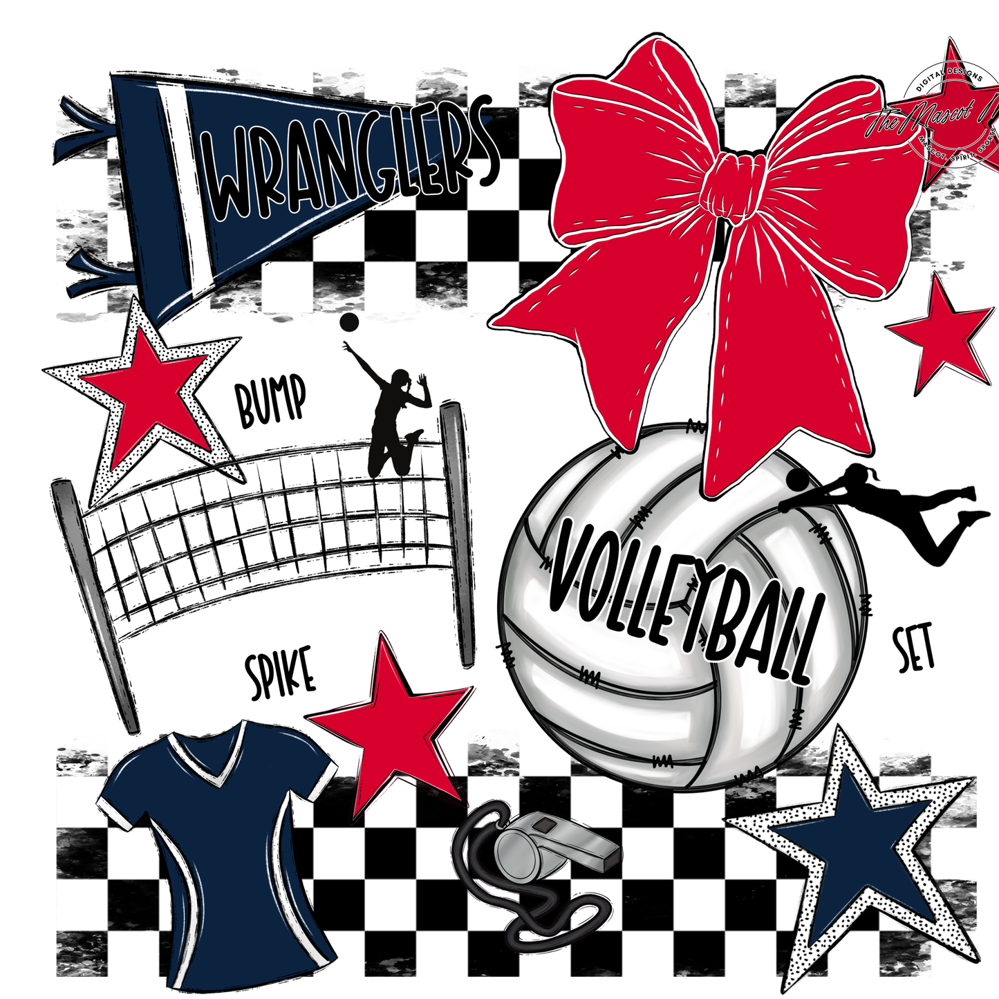 Wranglers Checkers Volleyball Spirit Design-Navy-Red