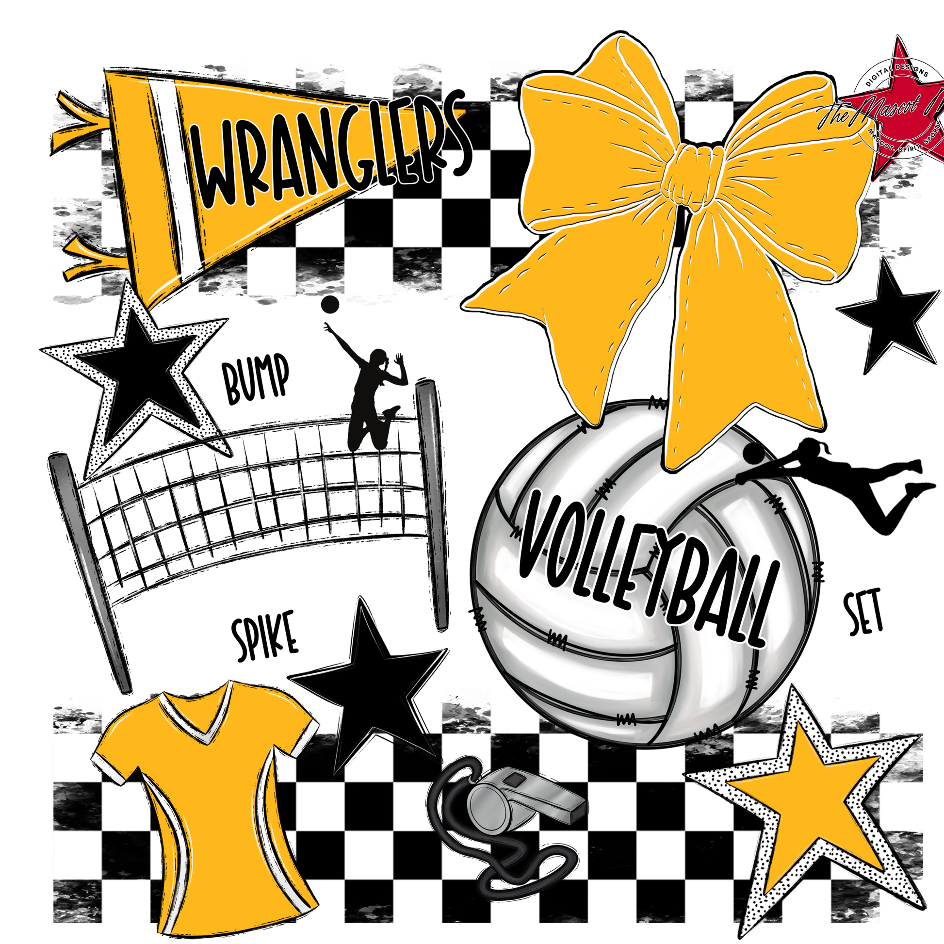 Wranglers Checkers Volleyball Spirit Design-Yellow