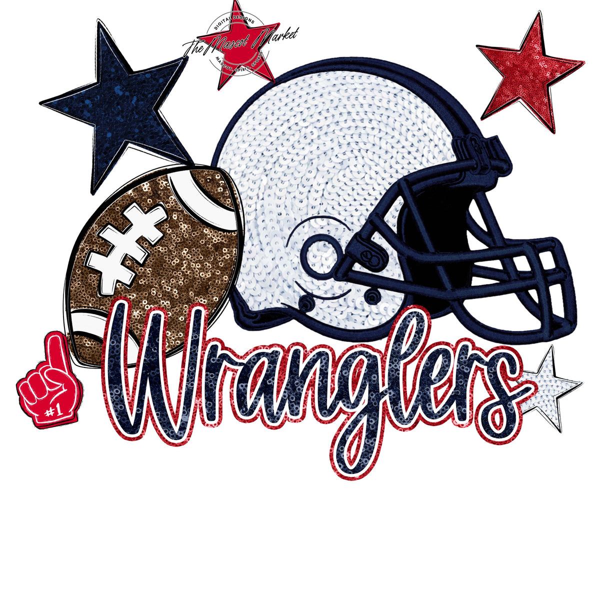Wranglers Football Embroidered Sequins Design-Navy & Red