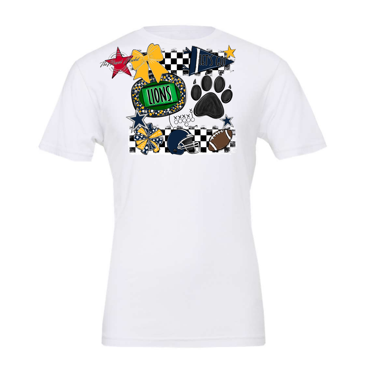 Lions Checkers Mascot Spirit Design w Paw-Navy-Yellow