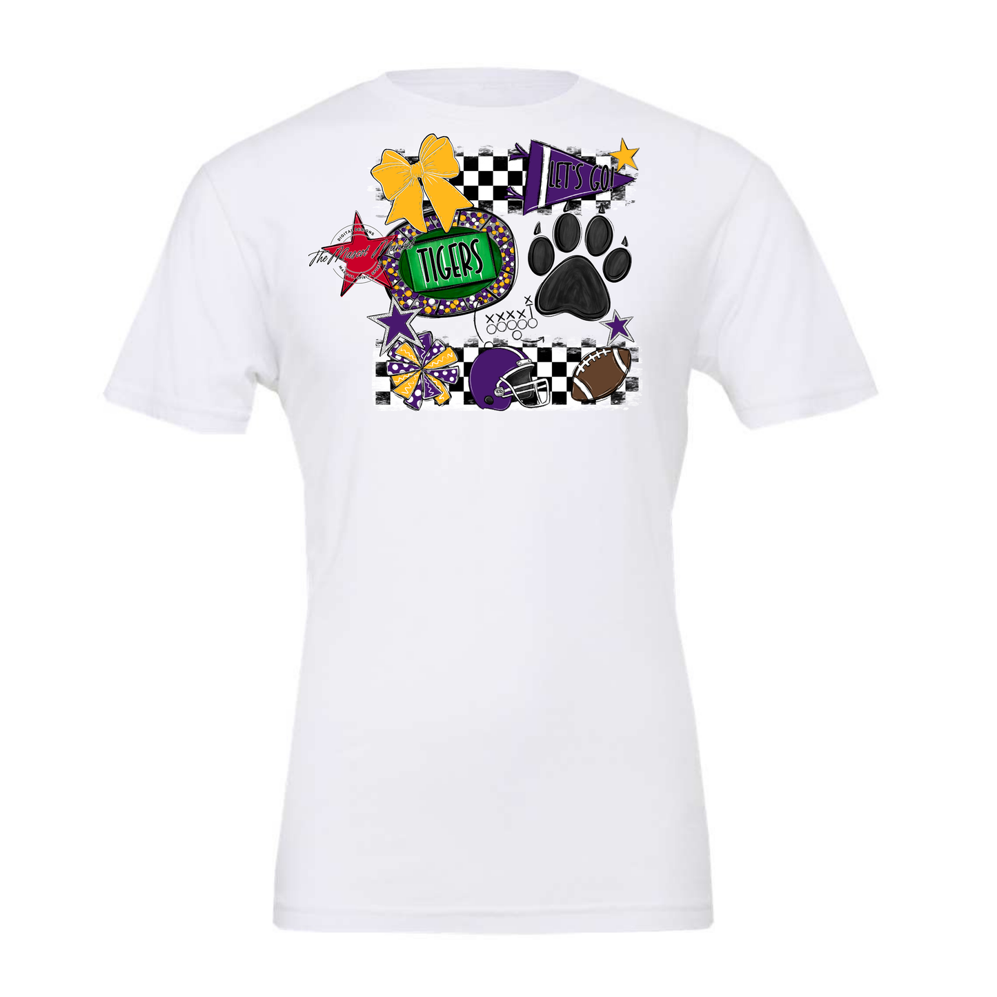 Tigers Checkers Mascot Spirit Design w Paw-Purple-Yellow