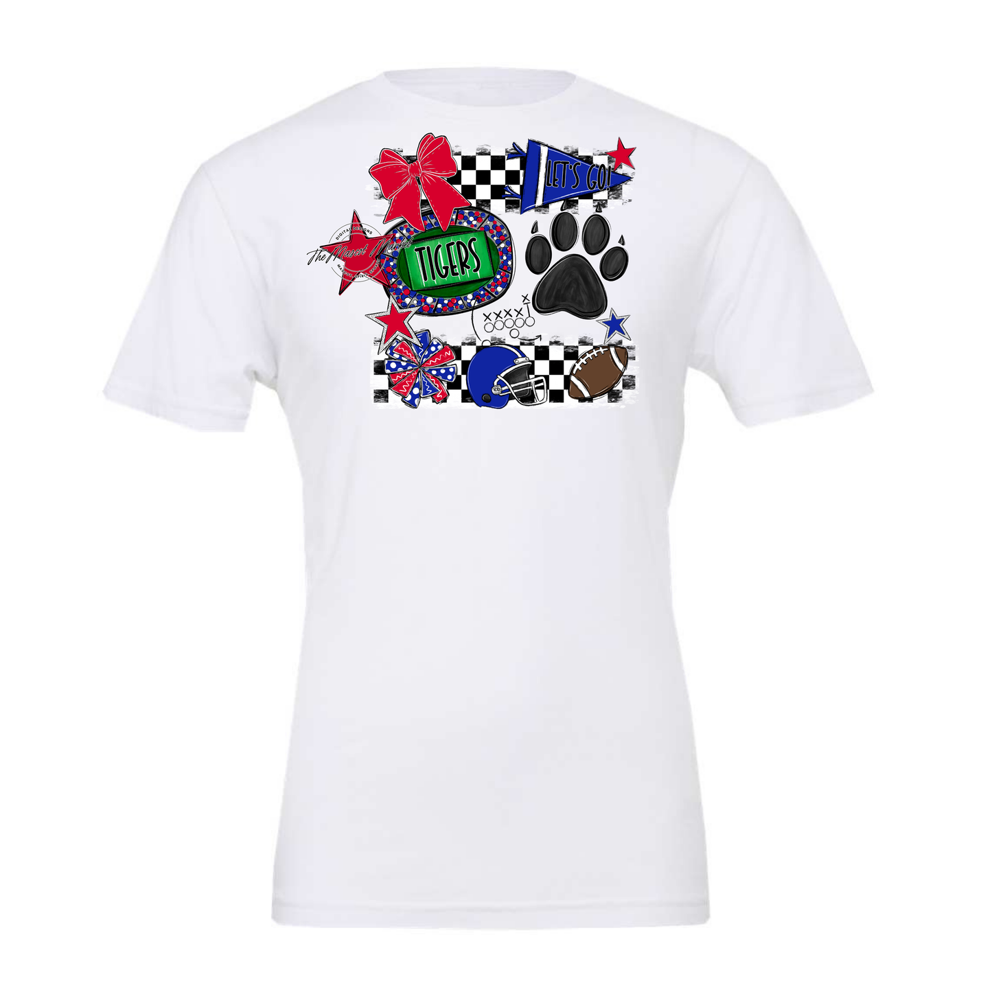 Tigers Checkers Mascot Spirit Design w Paw-Royal Blue-Red