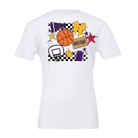 Hornets Checkers Basketball Spirit Design-Purple-Yellow