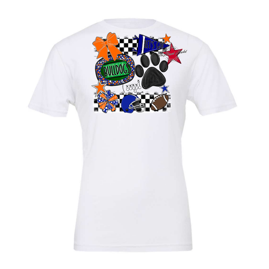 Bulldogs Checkers Mascot Spirit Design w Paw-Blue-Orange