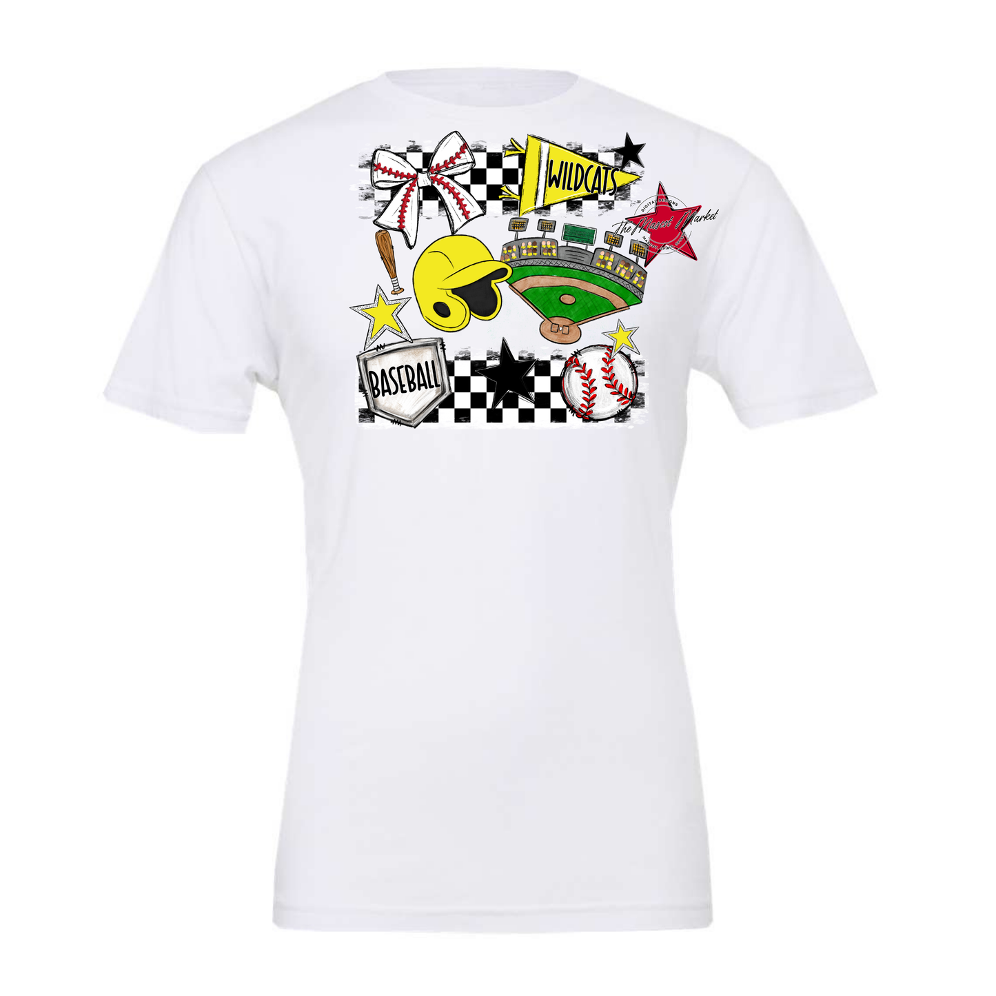 Wildcats Checkers Baseball Spirit Design-Bright Yellow