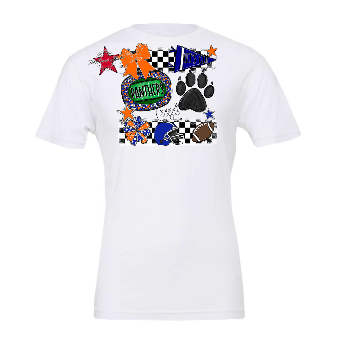 Panthers Checkers Mascot Spirit Design w Paw-Blue-Orange