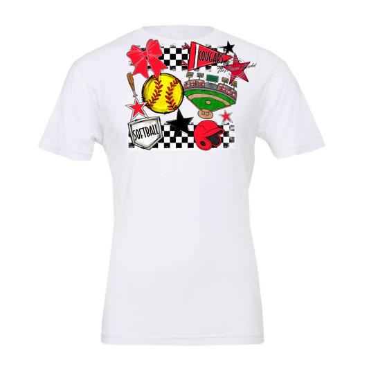 Cougars Checkers Softball Spirit Design-Bright Red
