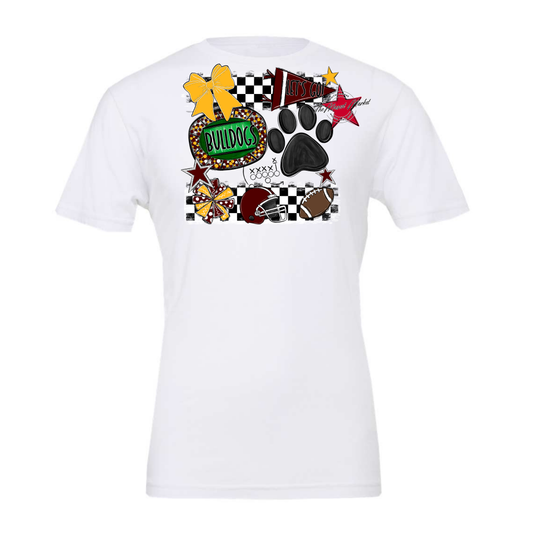 Bulldogs Checkers Mascot Spirit Design w Paw-Maroon-Yellow