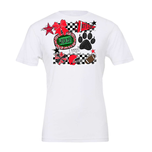 Wildcats Checkers Mascot Spirit Design w Paw-Bright Red