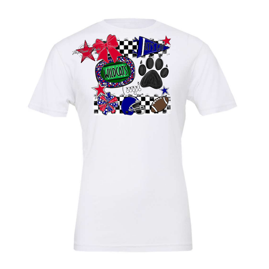 Wildcats Checkers Mascot Spirit Design w Paw-Blue-Red