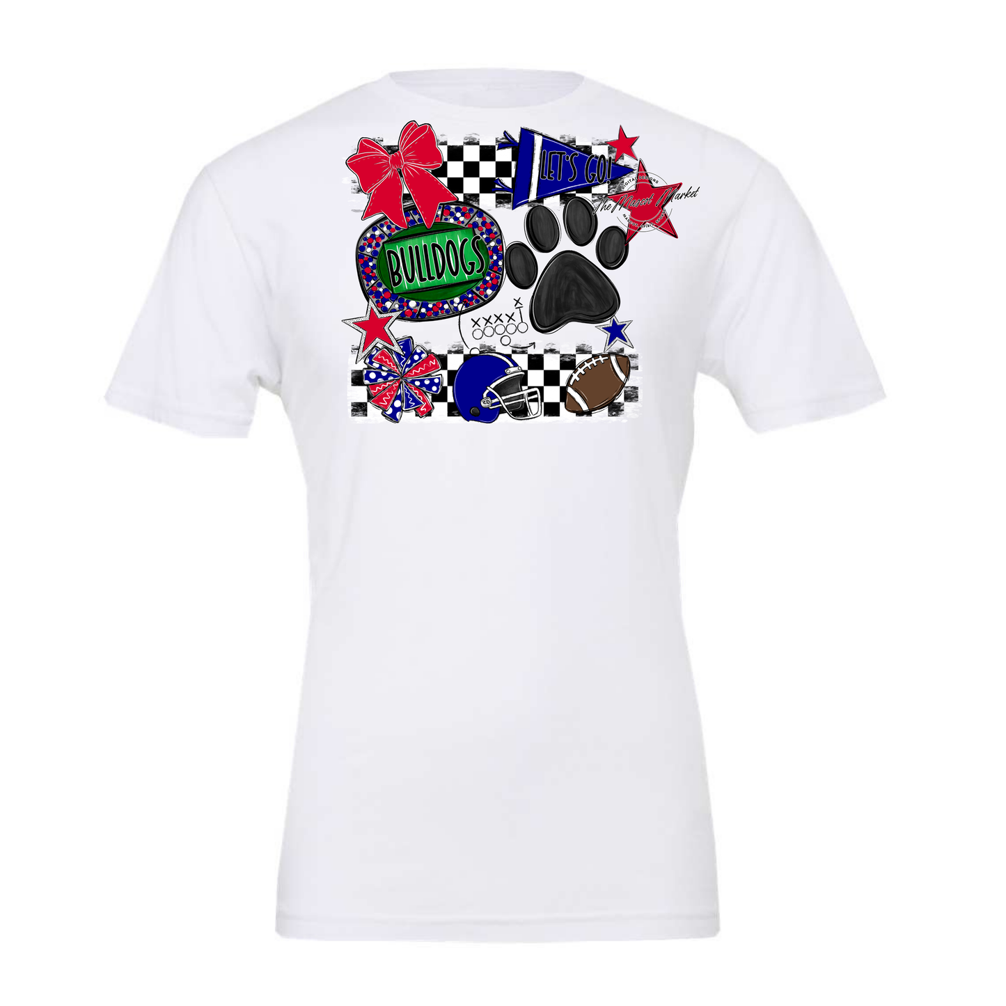 Bulldogs Checkers Mascot Spirit Design w Paw-Blue-Red