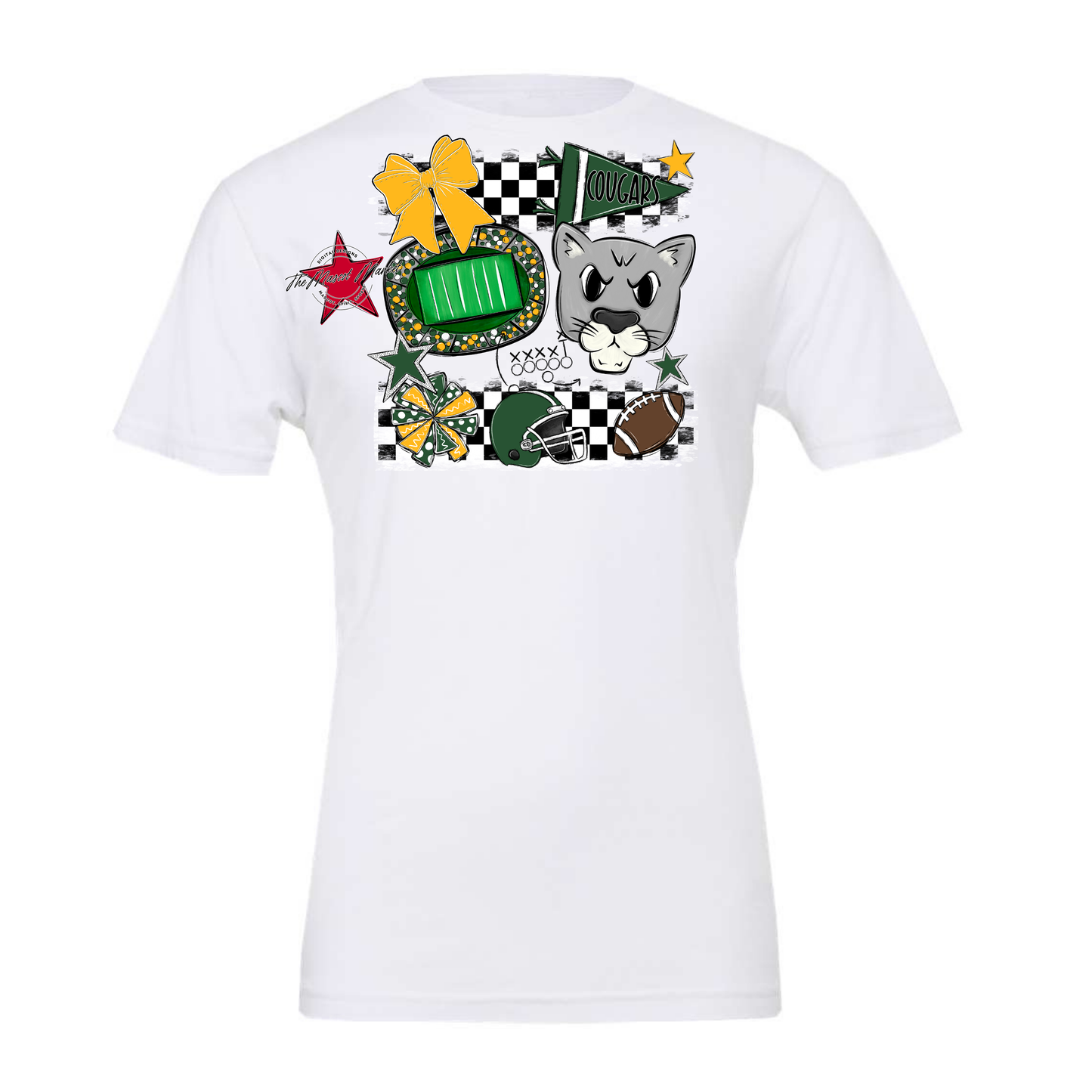 Cougars Checkers Mascot Spirit Design-Green-Yellow