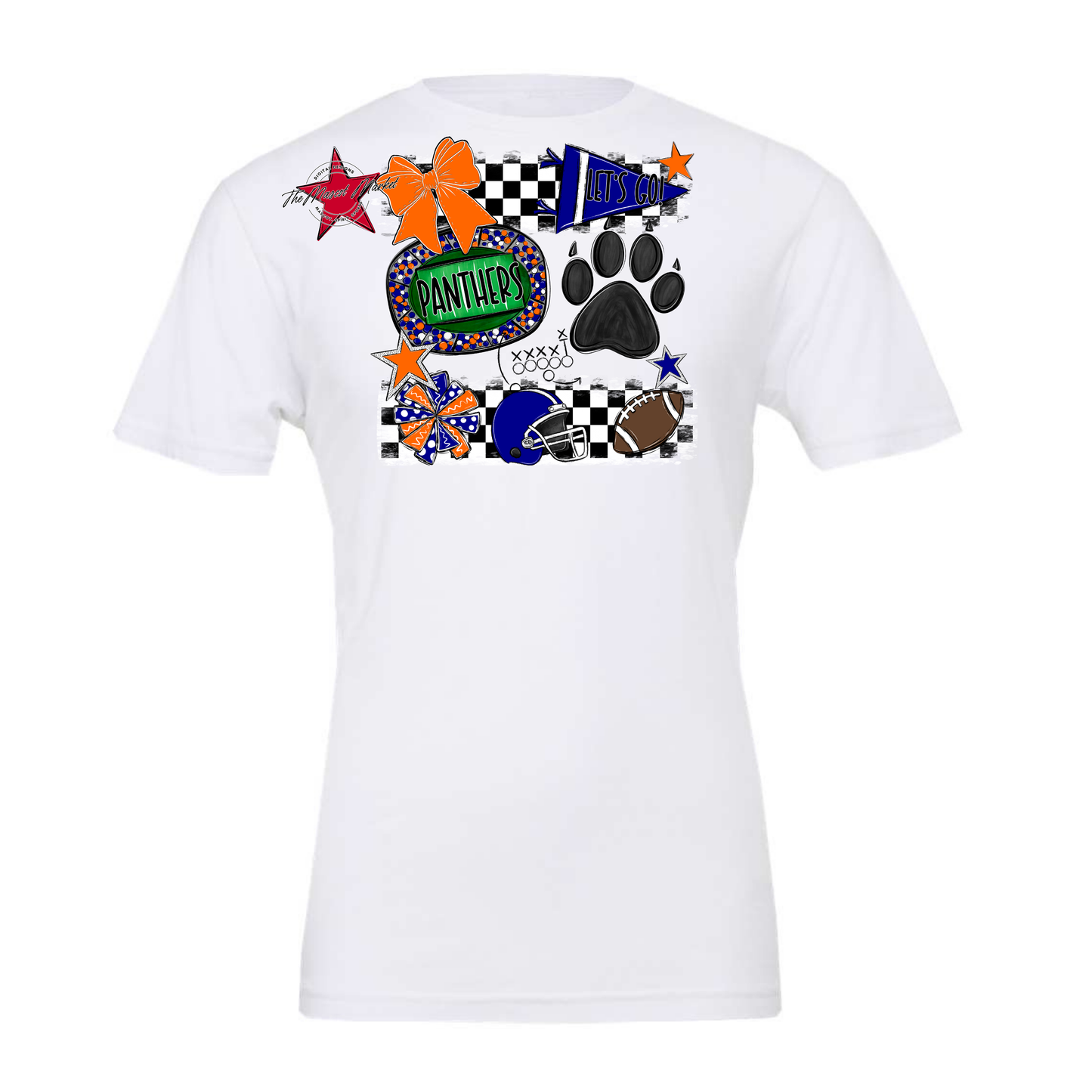 Panthers Checkers Mascot Spirit Design w Paw-Royal Blue-Orange