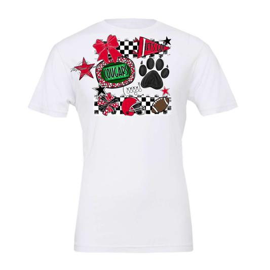 Cougars Checkers Mascot Spirit Design w Paw-Red