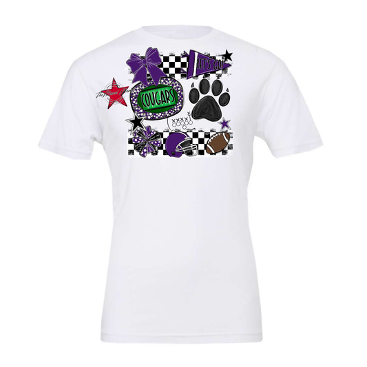 Cougars Checkers Mascot Spirit Design w Paw-Purple