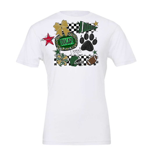 Cougars Checkers Mascot Spirit Design w Paw-Green-Gold